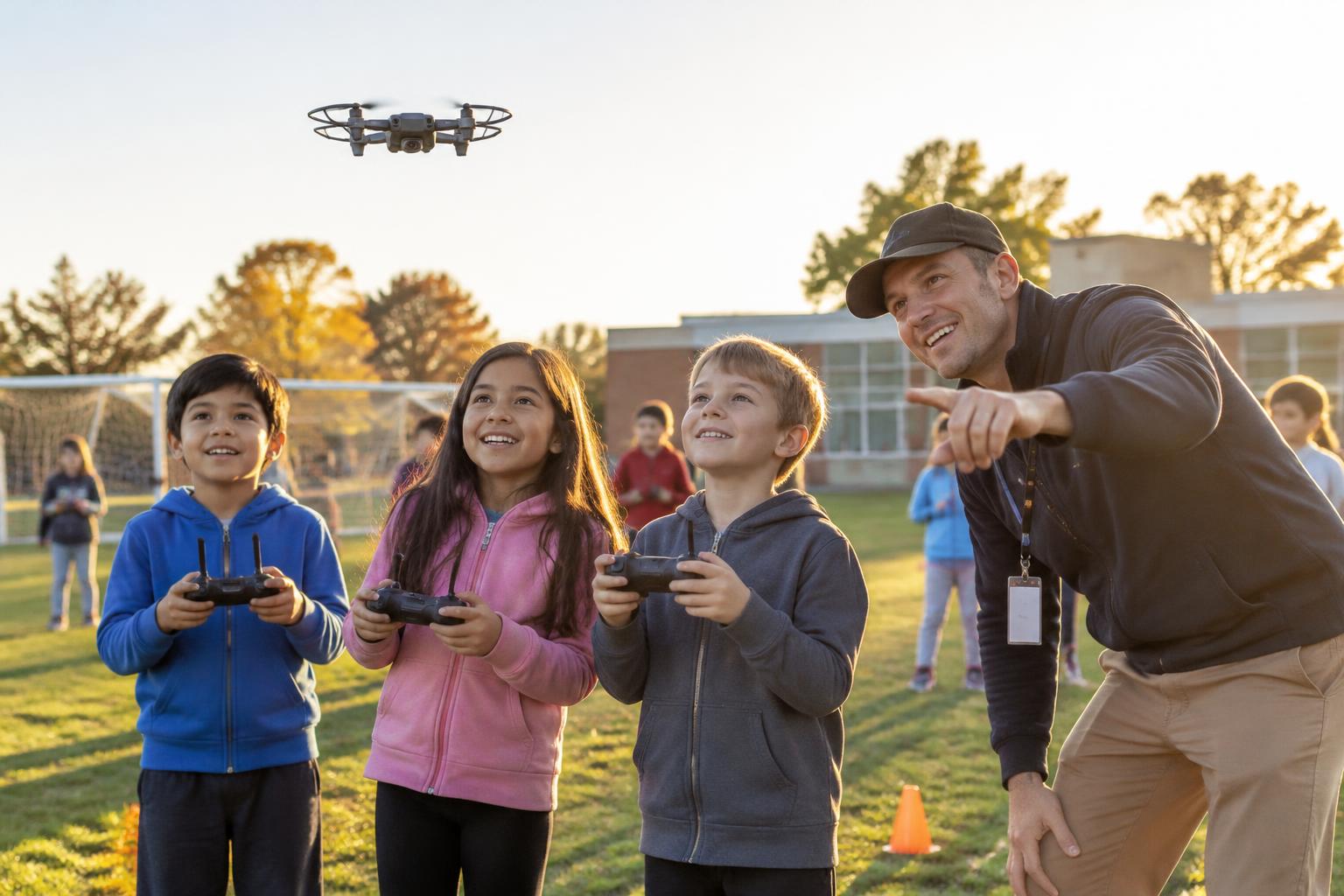 Illustrative instructor guiding students as they pilot drones after school