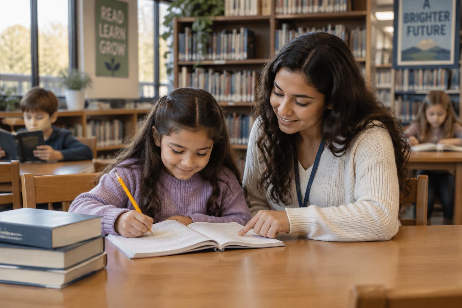 Illustrative tutor helping a student with homework after school